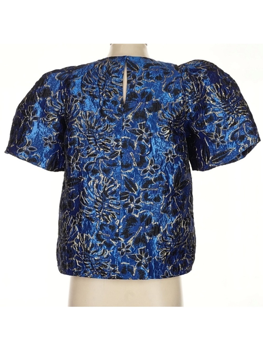 Lilly Pulitzer Pratt Brocade Top Blue Grotto Twilight Floral Gold Puff Sleeve S - Picture 2 of 5